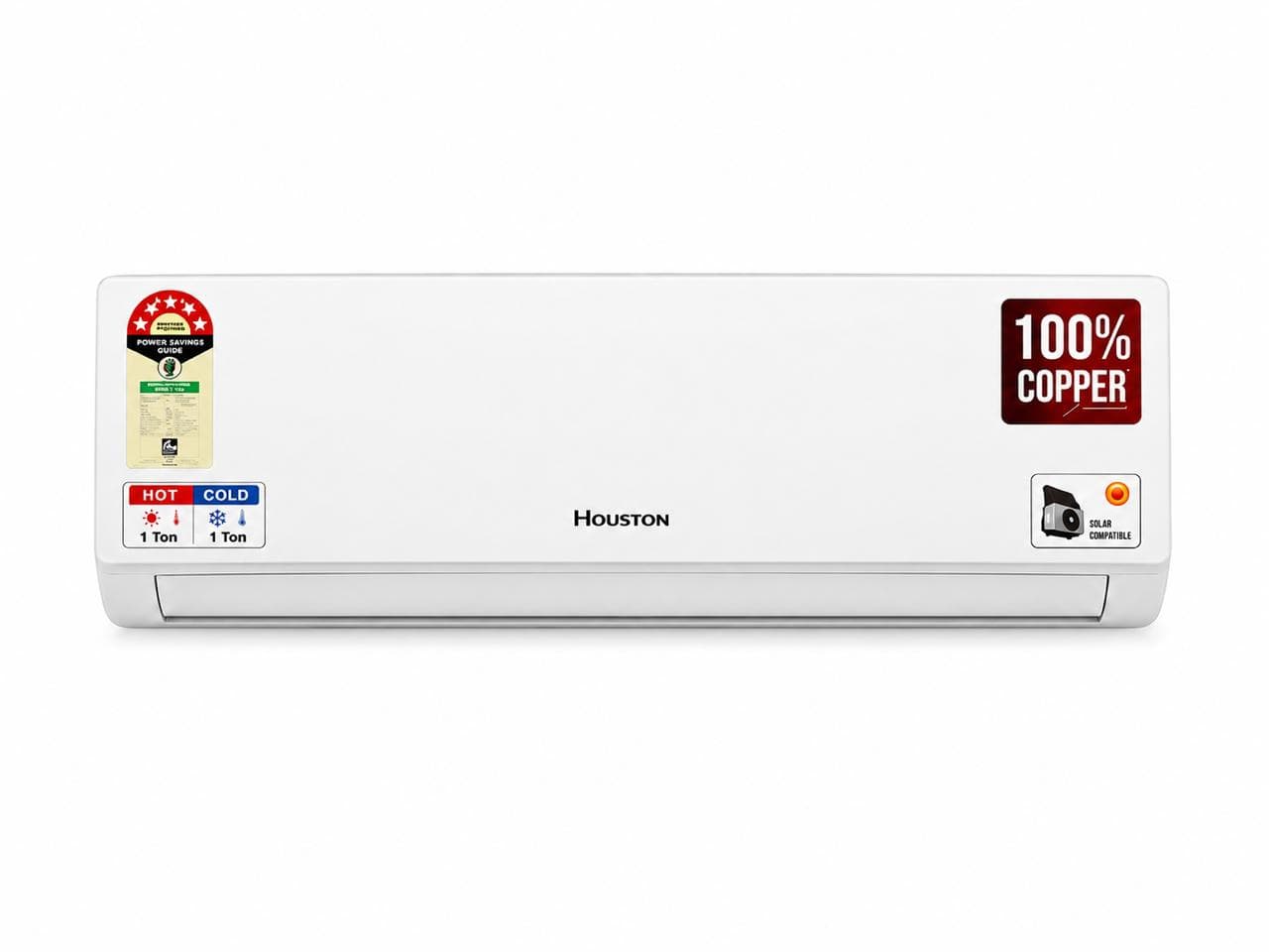 Houston Reliant Series F5 1 ton fixed speed AC indoor unit front view with 100% copper badge