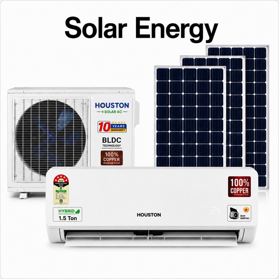 Houston Solar AC 1.5 Ton Hybrid split AC set with BLDC outdoor unit and three solar panels