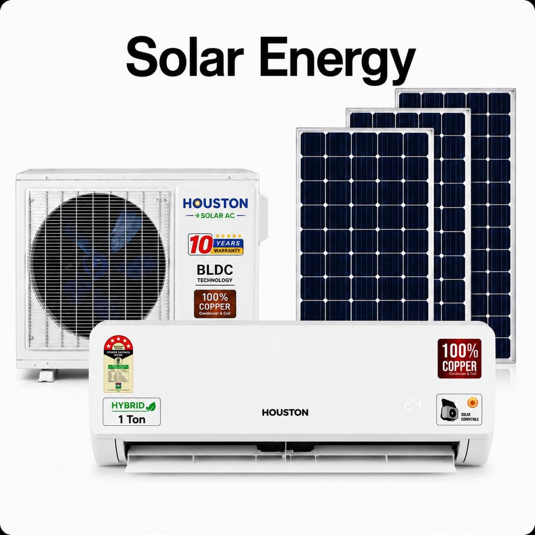 Houston Solar AC 1 Ton Hybrid split AC set with BLDC outdoor unit and three solar panels