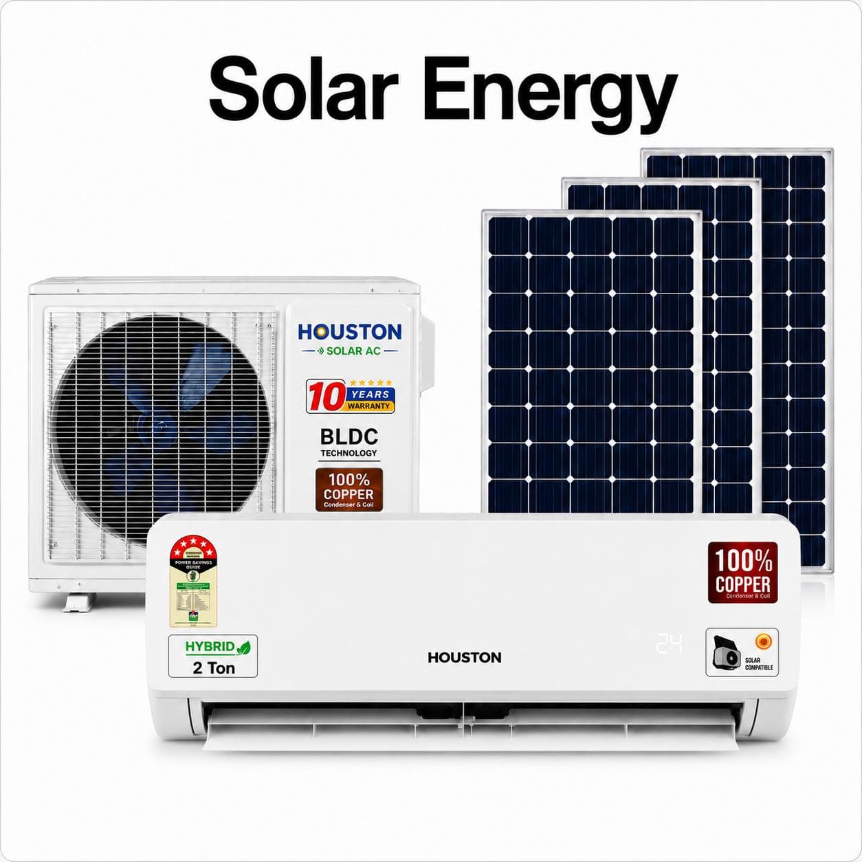 Houston Solar AC 2 Ton Hybrid split AC set with BLDC outdoor unit and three solar panels