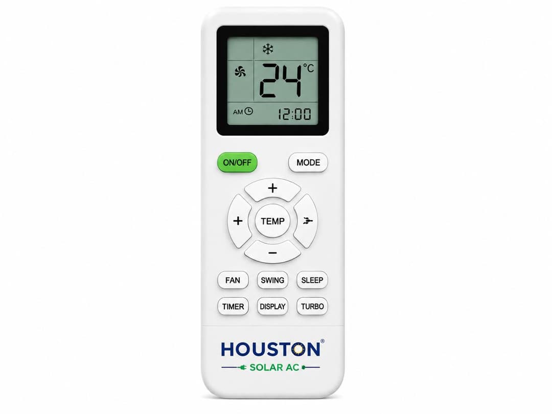 Houston Solar AC universal remote control with LCD showing 24 degrees, fan and mode icons
