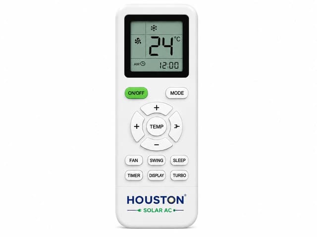 Houston Solar AC universal remote control with LCD showing 24 degrees, fan and mode icons