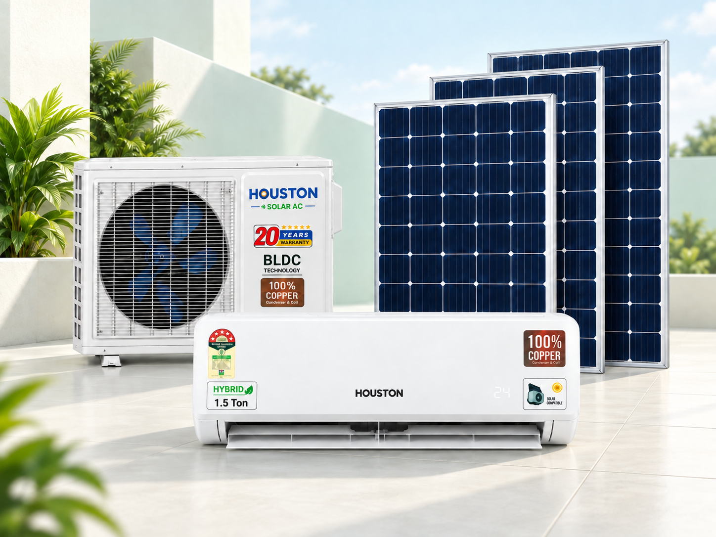 Houston indoor AC, outdoor unit and solar panels arranged together