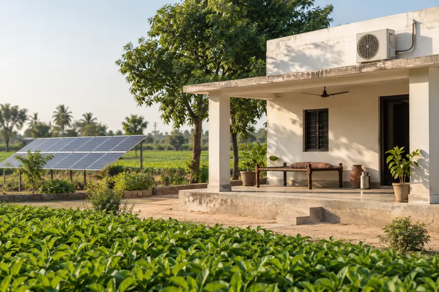 Farm building, fields and solar panels
