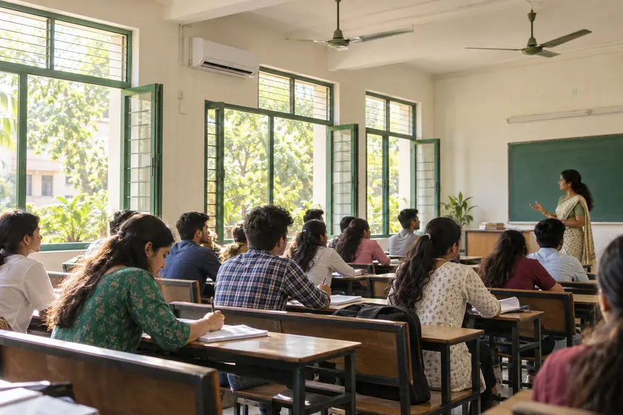 Students in a bright classroom