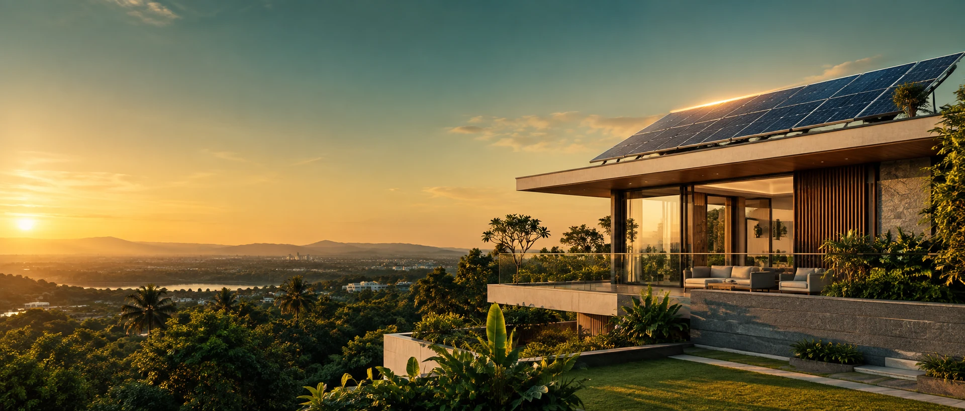 Modern home with rooftop solar panels at sunset