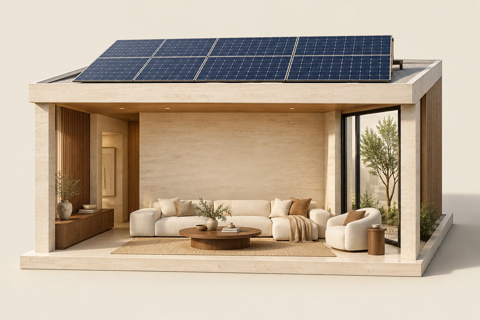 Architectural concept of rooftop solar panels powering cooling in a living room