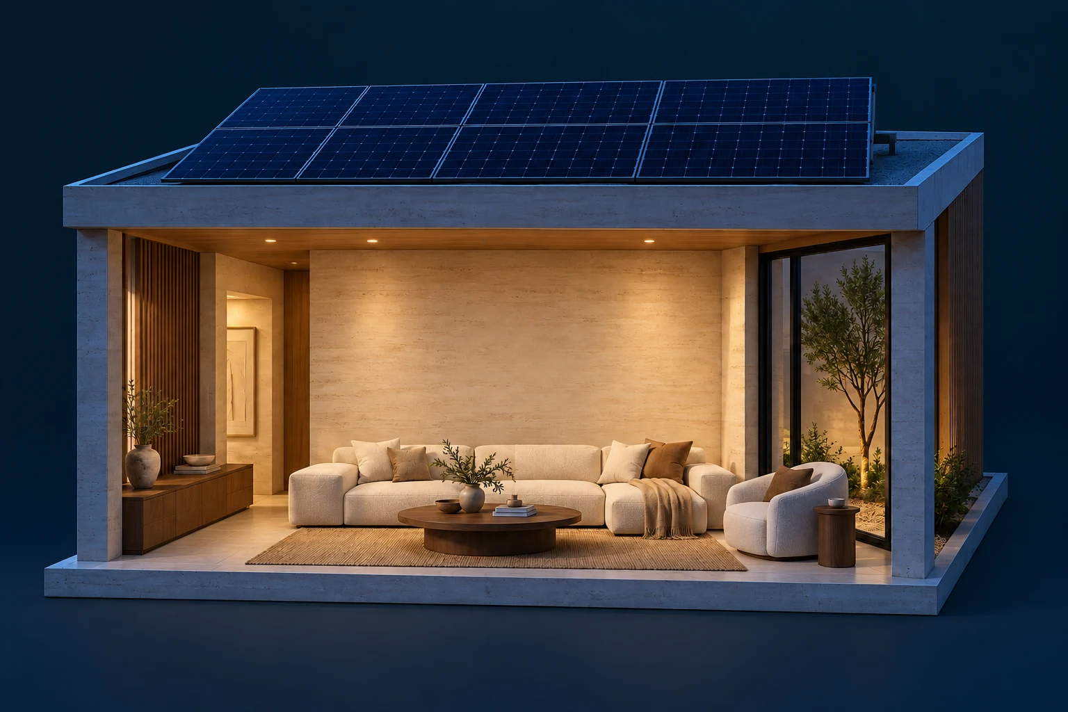 The same solar home after dark with a warmly illuminated interior